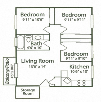 Floor plan for 3 beds, 1 bath, 865 sqft
